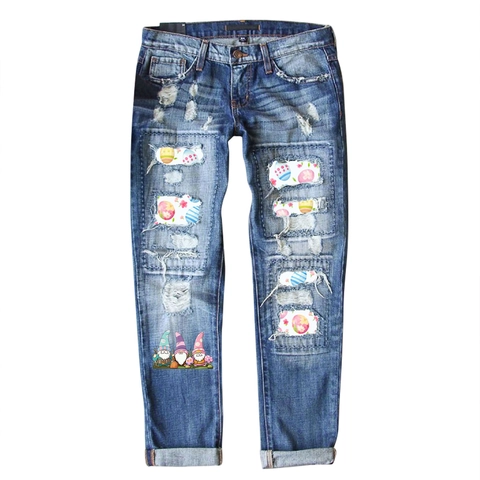 Women Retro Washed Denim Jeans Distressed Ripped Wide Leg Pants Easter Eggs Gnomes Print Floral Embroidery Casual Trousers