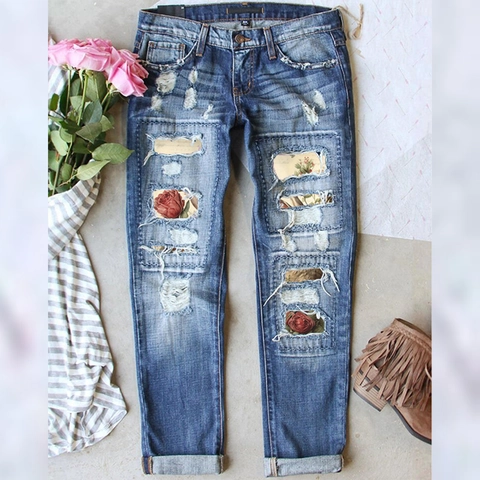 Γυναικείο Σχισμένο Τζιν Παντελόνι Με Floral Patchwork Ίσια Γραμμή Μεσαία Μέση Distressed Πλυμένο Μπλε Casual Streetwear