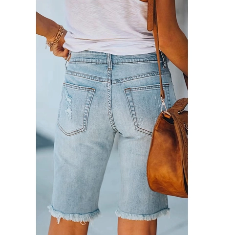 Short en Jean pour Femmes Déchiré Patch Drapeau Américain Bord Effiloché Taille Moyenne Été Décontracté Streetwear
