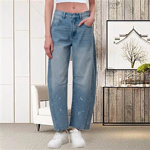 Damen High Waist Jeans Mit Gebogenem Bein Lockere Barrel Hose Mit Knietafel Retro Casual Wide Leg Hose