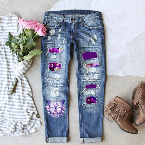 Women's Casual Ripped Straight Jeans With Floral Butterfly Print Bohemian Washed Cotton Blend Denim Pants For Daily Streetwear
