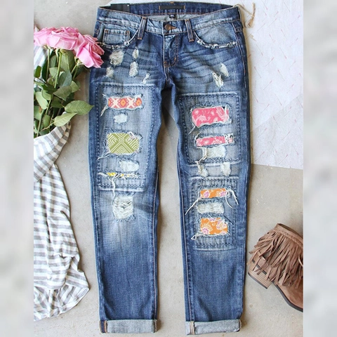 Jeans Patchwork Bohème pour Femmes Vintage Imprimé Floral Ethnique Jambe Droite Pantalon Denim Longueur Cheville Lavage Bleu Foncé