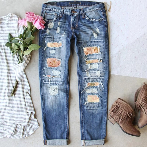 Damen Ripped Straight Leg Denim Jeans Mit Vintage Blumen-Patchwork Wascheffekte Mittlere Taille Umschlag-Saum Streetwear Lange Hose