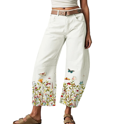 Pantalón Recto de Pierna Ancha y Cintura Alta para Mujer Blanco Roto Mezcla de Algodón Estampado Floral Mariposa Largo al Tobillo