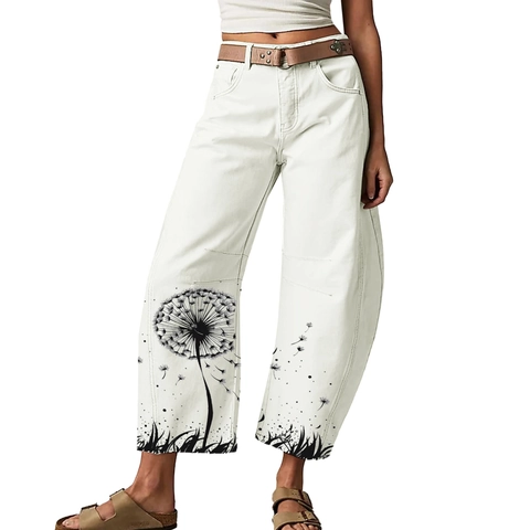 Pantalón Casual de Mujer Cintura Alta Pata Ancha Estampado Diente de León Mezcla de Algodón Holgado Largo Tobillo