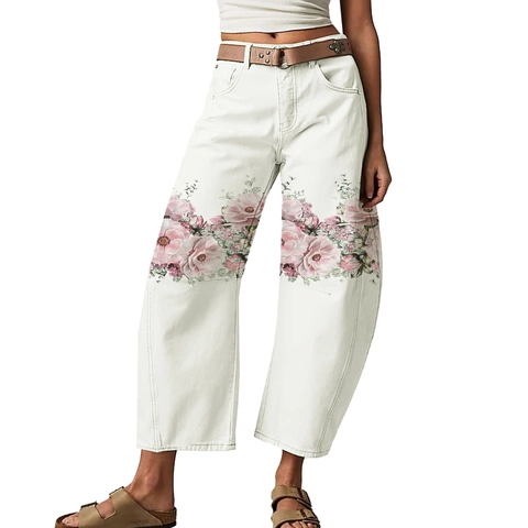 Damen High Waist Wide Leg Jeans Weiße Baumwoll Denim Hose Blumenmuster Knie Lässige Gerade Hose Streetwear Mode