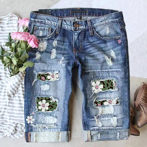 Women Vintage Ripped Denim Shorts Leopard Floral Patchwork Mid Waist Straight Leg Casual Cotton Denim Short Pants