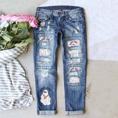Jeans in Denim Strappati Casual da Donna Simpatica Stampa Fantasma Effetto Usato Gamba Dritta Blu Lavato Pantaloni per Halloween