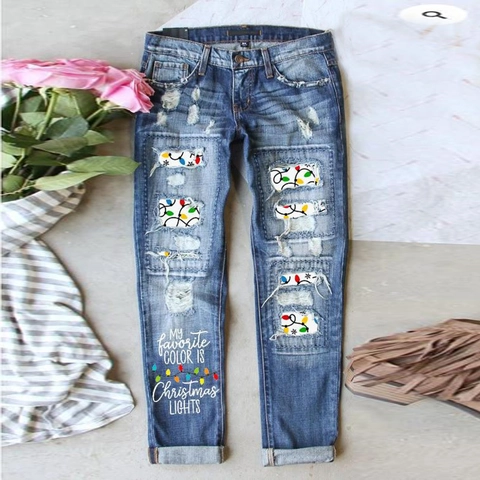 Vaqueros de Denim Rotos para Mujer Estampado Luces de Navidad Cintura Media Ajustados Pierna Recta Patchwork Pantalones Casuales Festivos
