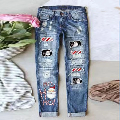 Women Christmas Santa Claus Leopard Print Ripped Denim Pants Distressed Straight Leg Washed Blue Jeans Holiday Streetwear