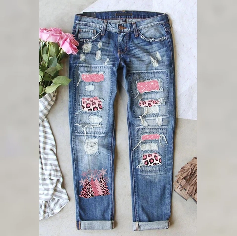 Women's Ripped Straight Leg Jeans Christmas Leopard Pink Sequin Patchwork Distressed Denim Pants Holiday Casual Trousers
