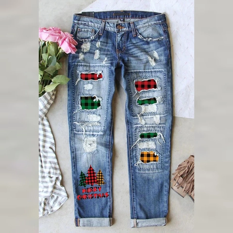 Jean Déchiré Femme Noël Patchwork Plaid Jambe Droite Pantalon en Denim Imprimé Sapin de Noël Délavé Décontracté Festif