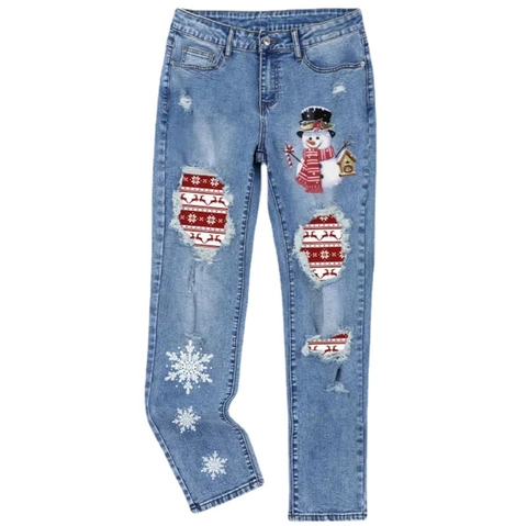 Kerst Bedrukte Gescheurde Jeans Voor Dames Lichtblauw Rechte Pijp Verweerde Denim Broek Met Sneeuwpop Rendier Patronen