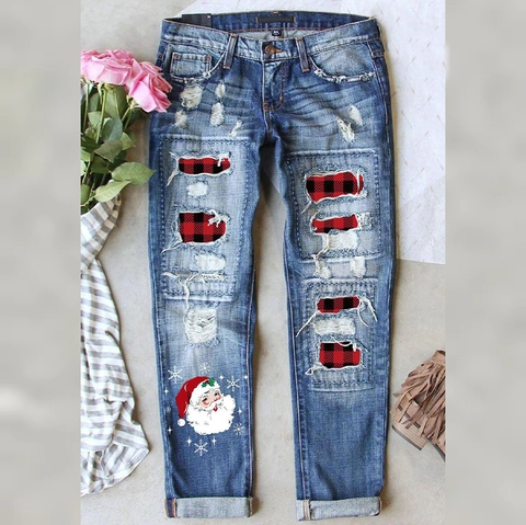 Women Christmas Santa Snowflake Print Ripped Straight Leg Jeans Red Plaid Patch Distressed Blue Denim Pants Casual Streetwear