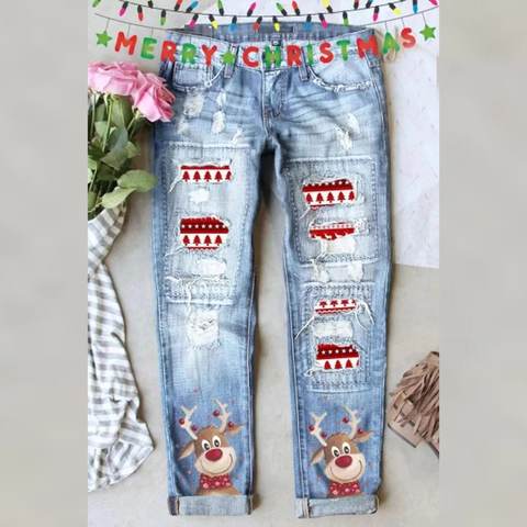 Jeans Strappati di Natale da Donna Lavaggio Chiaro Pantaloni a Gamba Dritta Stampa Renna Patch Albero Denim Festivi