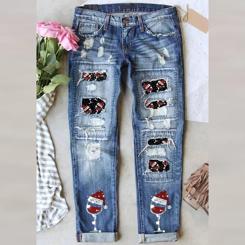 Damen Festive Ripped Jeans Weinglas Muster Distressed Denim Mittlere Taille Gerade Bein Holiday Hose Casual Streetwear Bottoms