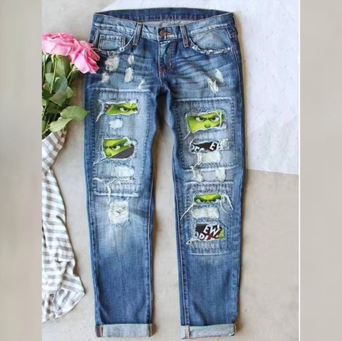 Dames Distressed Rechte Denim Jeans Met Cartoon Ogen Print Casual Hoge Taille Versleten Gewassen Blauwe Streetwear Broek