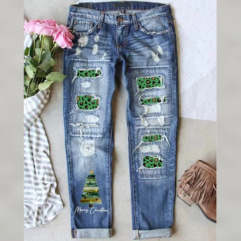 Women Christmas Ripped Jeans Green Leopard Patchwork Distressed Denim Straight Leg Mid Waist Blue Jeans Merry Christmas Tree
