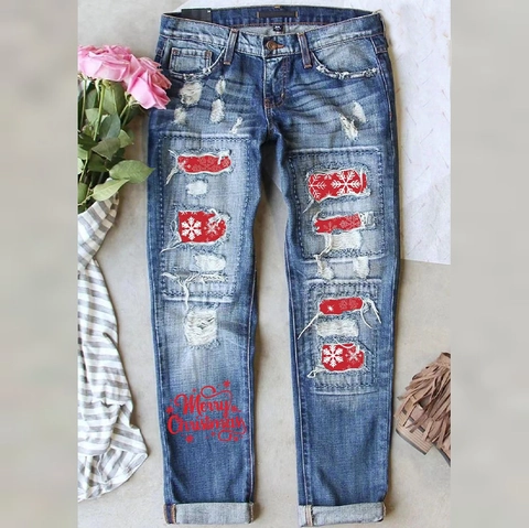 Women Christmas Ripped Denim Jeans Straight Leg Mid Waist Blue Cotton Snowflake Print Distressed Patchwork Holiday Trousers