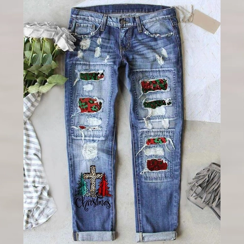 Jeans in Denim Distressed con Stampa Natalizia da Donna Patch con Paillettes Leopardate Lavati Gamba Dritta Pantaloni Streetwear