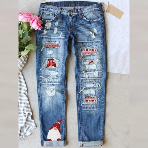 Jeans in Denim a Gamba Dritta da Donna con Stampa Gnomo di Natale Strappati Vintage Patchwork Pantaloni Casual Blu