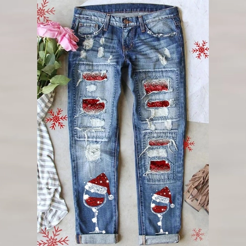 Women Christmas Ripped Jeans Wine Glass Print Distressed Mid Waist Straight Leg Denim Pants Casual Festive Winter Trousers
