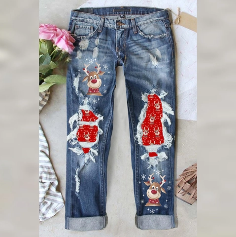 Jeans Strappati Donna Stampa Renna di Natale Toppe Quadri Rossi Pantaloni Denim Gamba Dritta Fiocco di Neve Inverno