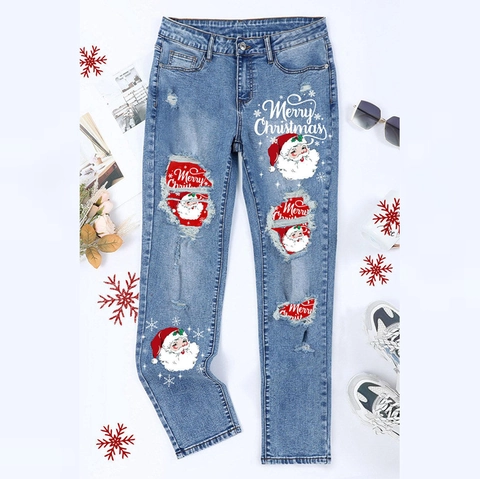 Women's Christmas Santa Claus Print Ripped Denim Jeans Straight Leg Mid Waist Blue Cotton Merry Christmas Long Trousers