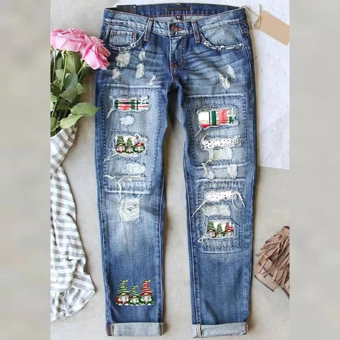 Jeans Donna Gamba Dritta Strappati Stampa Gnomi di Natale Distressed Denim Patchwork a Quadretti Rossi per le Feste