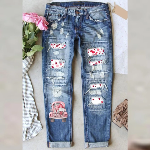 Jeans Donna a Vita Alta Strappati a Gamba Dritta Con Toppa a Cuore e Stampa Love Truck Pantaloni Denim Casual