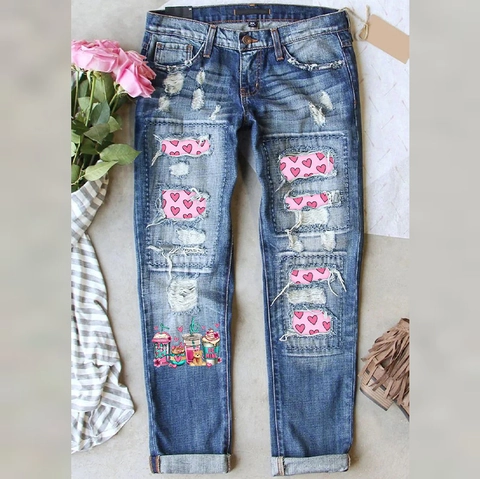 Pantaloni in Denim Donna San Valentino Stampa Cuore Jeans a Gamba Dritta Strappati Toppa Rosa Grafica Cartoon Taglie Forti