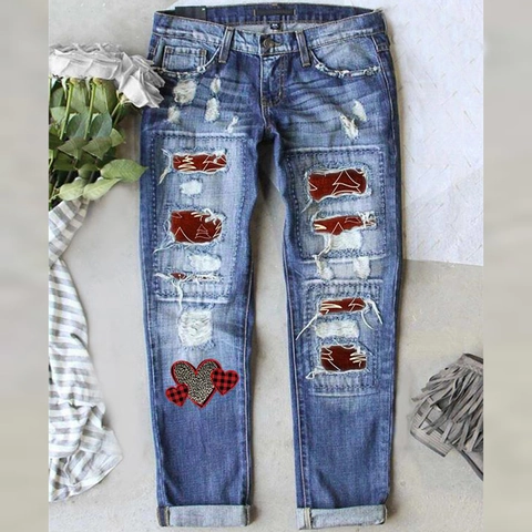 Jeans Strappati da Donna di Natale Pantaloni in Denim Blu con Stampa Festiva Patchwork a Cuore Casual Streetwear Gamba Dritta