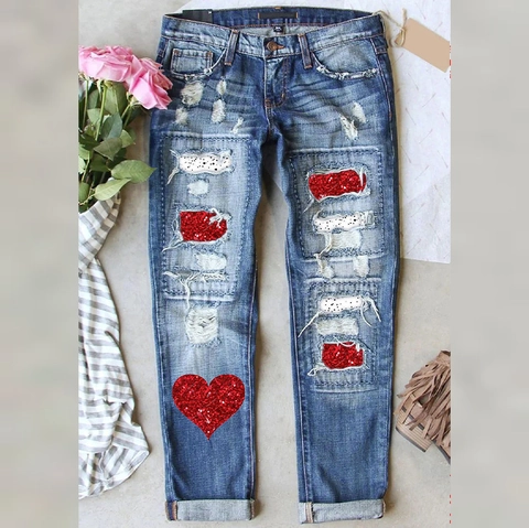 Jeans Strappati con Stampa a Cuore e Leopardo di San Valentino da Donna Pantaloni Denim Gamba Dritta Vita Media Taglie Forti
