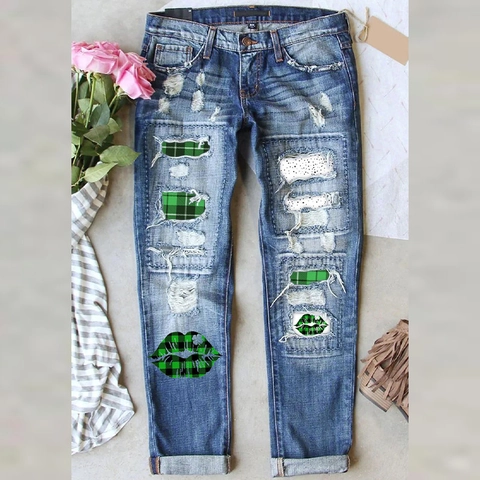Pantaloni di Jeans Strappati da Donna per San Patrizio Vita Media Gamba Dritta Denim Con Stampa di Trifoglio