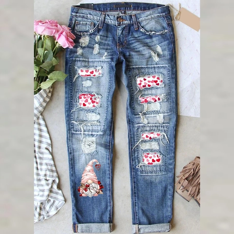 Pantalones Largos de Denim para Mujer Streetwear Azul Lavado Rotos Estampado de Corazón San Valentino Corte Recto