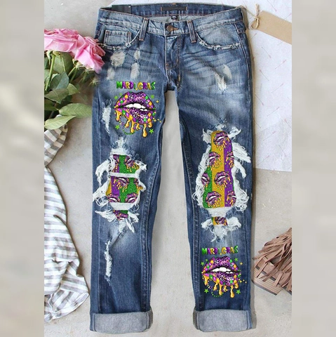 Jeans Dritti Strappati Con Stampa Mardi Gras da Donna Pantaloni in Denim a Vita Media Con Motivo a Labbra Leopardate
