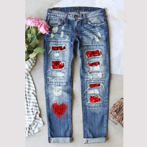Damen Distressed Straight Leg Jeans Rote Herz Pailletten Patchwork Mittlere Taille Gewaschene Casual Denim Hose Für Valentinstag