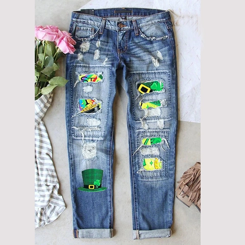 Pantaloni Denim Strappati per San Patrizio Donna Stampa a Trifoglio Vita Media Gamba Dritta Jeans Lavati Blu Misto Cotone