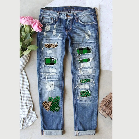 Jeans Strappati Donna Giorno di San Patrizio Stampa Quadrifoglio Cuore Patchwork Leopardo Denim Pantaloni Vita Alta Gamba Dritta