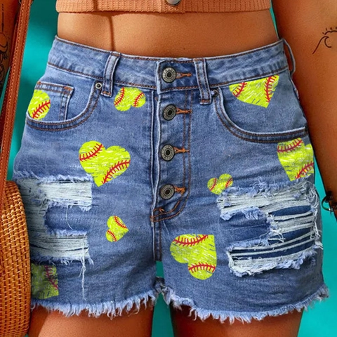 Pantaloncini di Jeans Strappati a Vita Alta da Donna Stampa Cuore Baseball Effetto Usurato Orlo Sfilacciato Hot Pants Jeans Blu Chiaro Moda Estiva