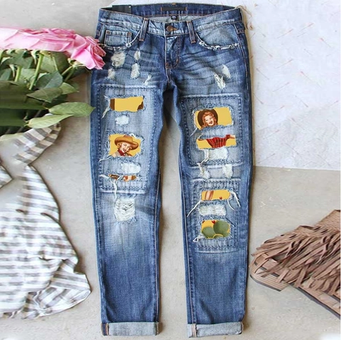 Jeans Déchirés Imprimés Vintage pour Femmes Taille Moyenne Jambe Droite Pantalon en Denim Patchwork Pop Art Graphic Denim