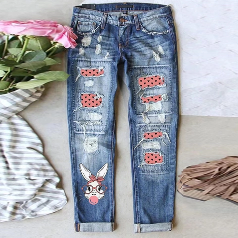 Women Streetwear Washed Ripped Straight Jeans Heart Patch Cartoon Rabbit Print Valentine Day Denim Pants Blue Trouser
