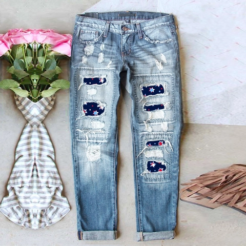 Damen Casual Mittlere Taille Gerade Jeans Unabhängigkeitstag US-Flagge Stern Print Patchwork Denim Zerrissene Distressed Hose