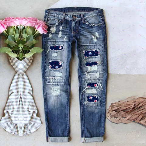 Damen Casual Mittlere Taille Gerade Jeans Unabhängigkeitstag US-Flagge Stern Print Patchwork Denim Zerrissene Distressed Hose