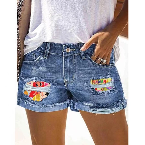 Women Casual Blue Denim Shorts Mid Waist Distressed Ripped Jeans Shorts With Cartoon Patchwork Frayed Hem Summer Fashion
