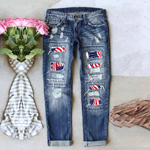 Jeans in Denim Strappati da Donna con Bandiera Americana Giorno dell'Indipendenza Distressed Lavato Gamba Dritta Streetwear