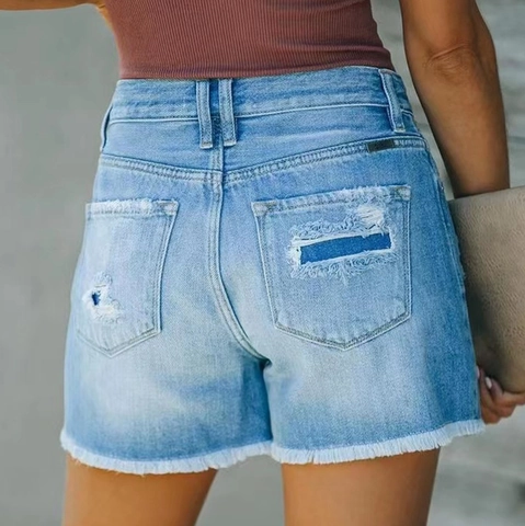 Women High Waist Ripped Denim Shorts With American Flag Patch Frayed Hem Five Button Fly Casual Summer Jeans For Independence Day