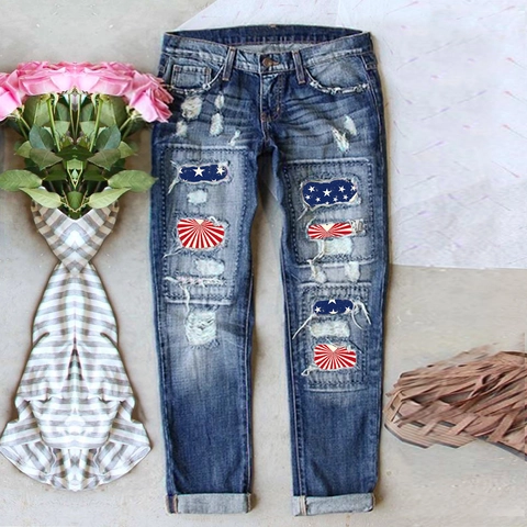 Damen High Waist Wide Leg Jeans Zerrissene Distressed Gerade Denim Hose Amerikanische Flagge Aufnäher Lässige Streetwear