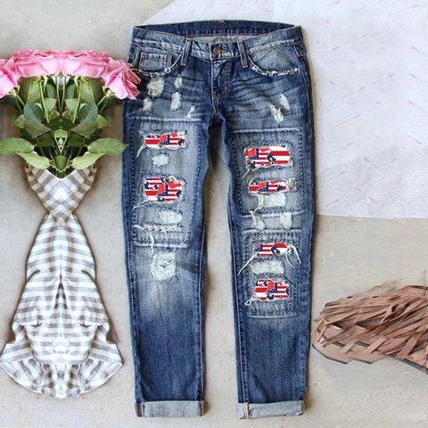 Damen High Waist Straight Leg Ripped Jeans Mit US Flaggen Print Patches Casual Gewaschene Denim Hose Streetwear