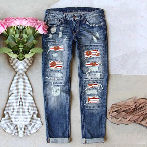 Vrouwen High Waist Distressed Straight Leg Jeans Gescheurde Denim Broek Rugby Patch Casual Gewassen Omslag Zoom Broek Streetwear